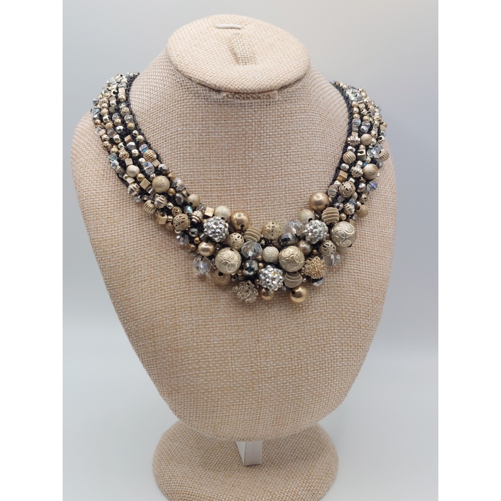 1990s Beaded Bib Necklace Black Crochet Silver Gold Boho Chunky Vintage Artisan